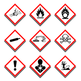 New COSHH symbols, CLP Hazard Pictograms, Serious Health Hazard, Explosive, Flammable, Oxidising, Corrosive, Environment, Toxic, Gas under pressure, Poison